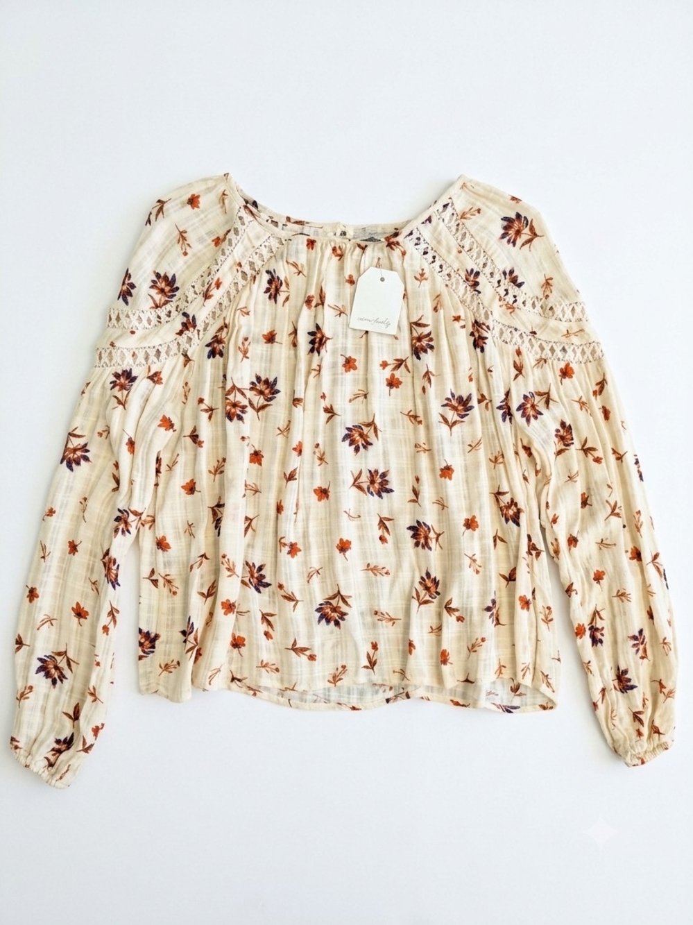 NWT Wonderly Womens M Floral Peasant Blouse Boho Crochet Lace Balloon Sleeve Top
